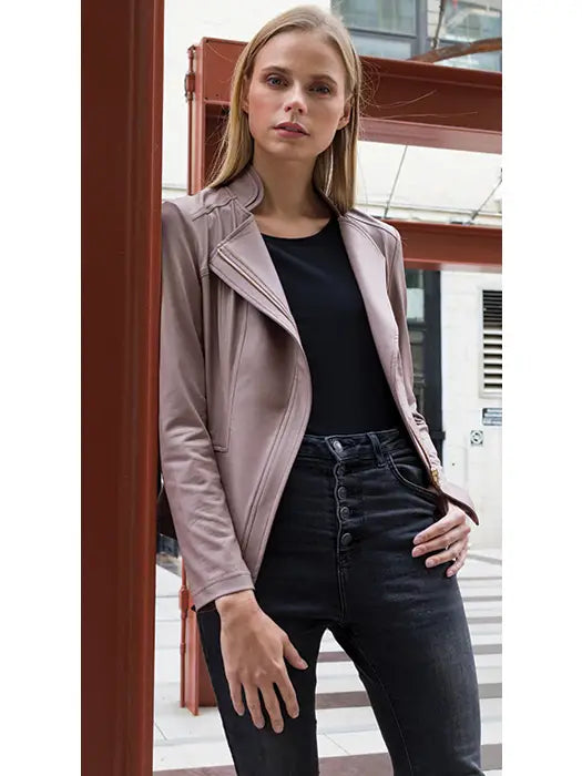 Beige Liquid Leather Jacket Zip Details